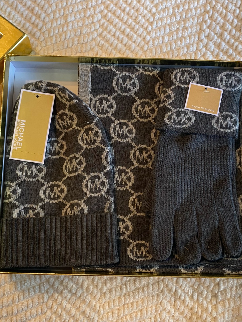 Michael Kors Gray & White MK Logo Knit Hat, Scarf and Gloves Gift Set - Picture 3 of 9
